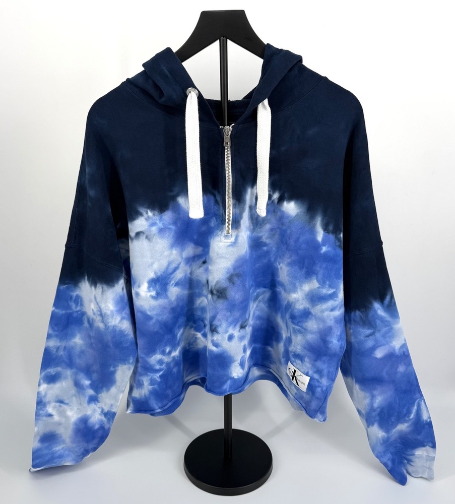 Calvin Klein Jeans Hoodie Women XL Blue Tie Dye Cropped Pullover Zip Neck NWT