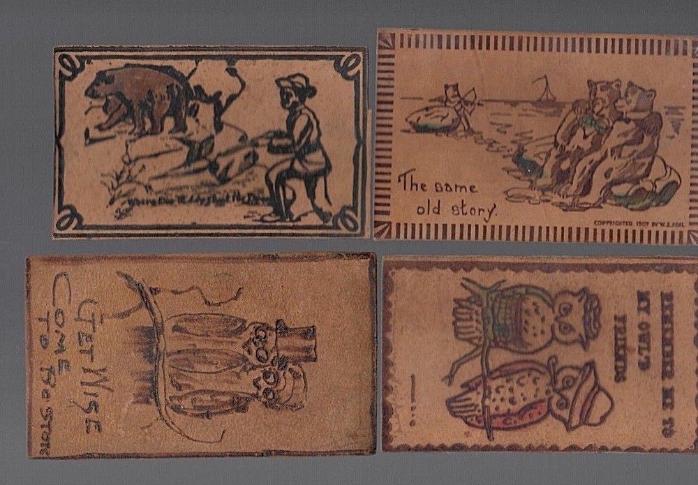 Lot Of 4 Antique Leather  Postcards Teddy Roosevelt; Bears @ Beach  & Owls 1907