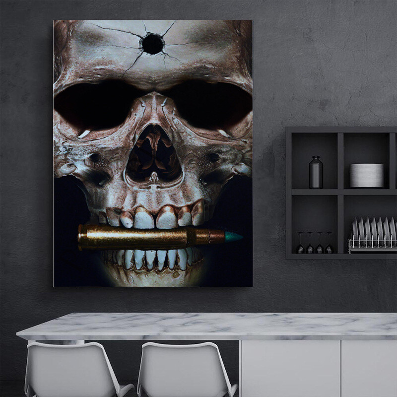 Abstract Black Skull with Bullet Wall Art Canvas Painting Posters and Print Wall-image