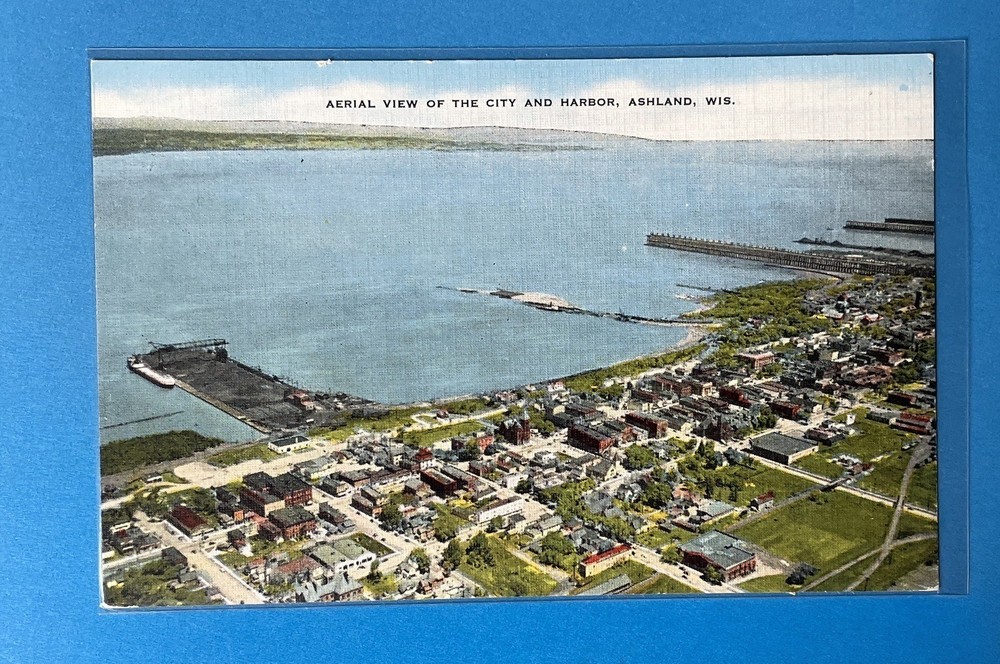 ASHLAND aerial city view harbor Wisconsin Vintage Postcard UNUSED
