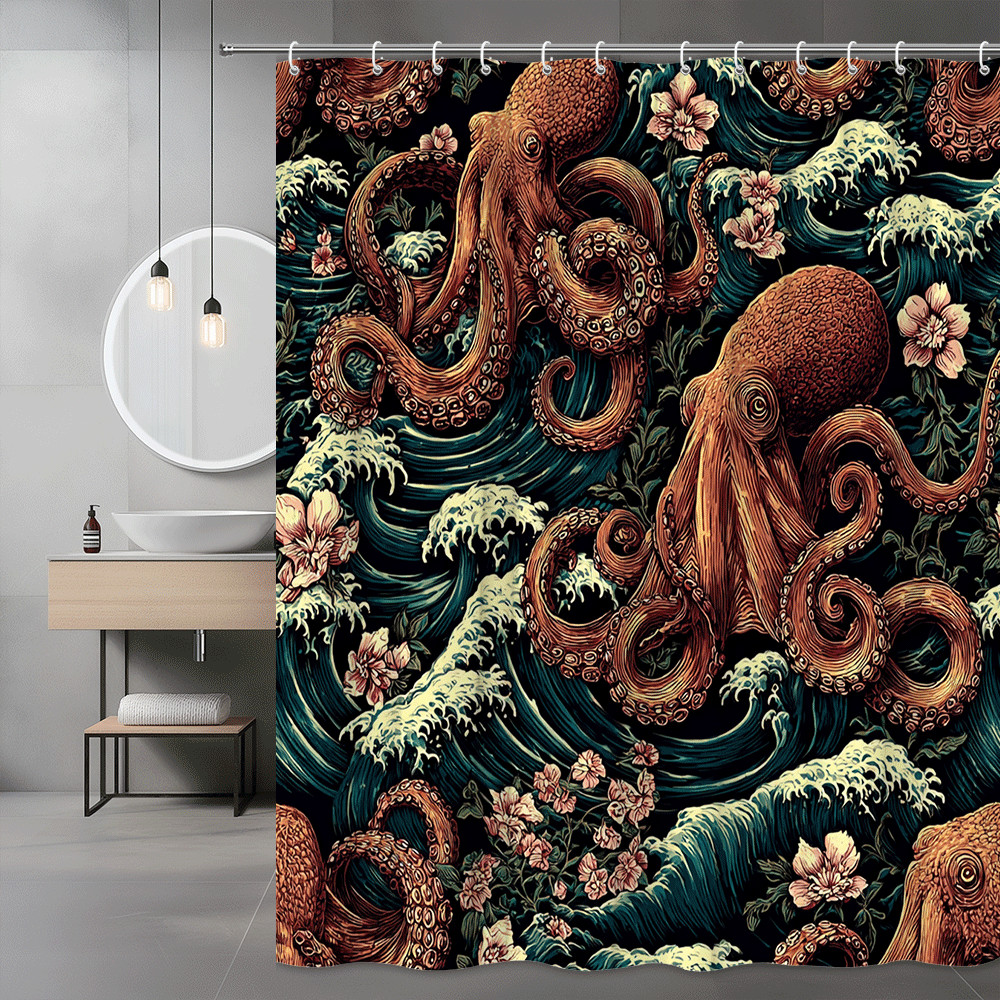 Octopus Wave Floral Shower Curtain Ocean Graphic