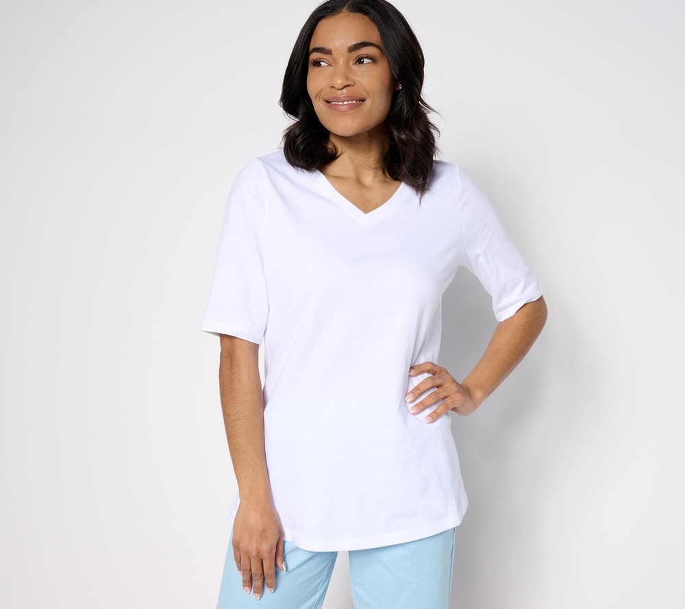 Denim & Co. Women's Top Petite PS Essentials True Cotton Jersey White A633278