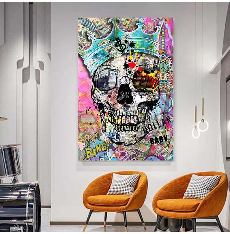 Abstract Skull Poster and Print Street Graffiti Art Canvas Painting Wall Picture-image