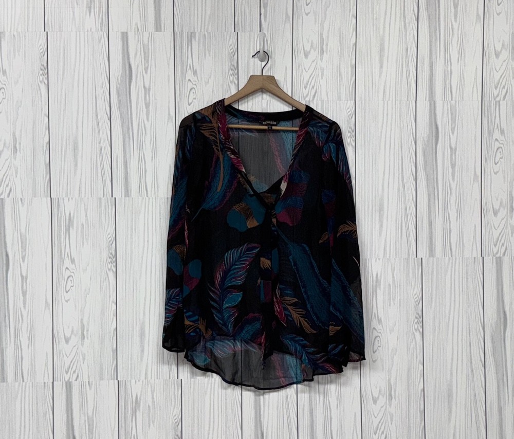 Express blouse womens size medium blue floral patterned long sleeve