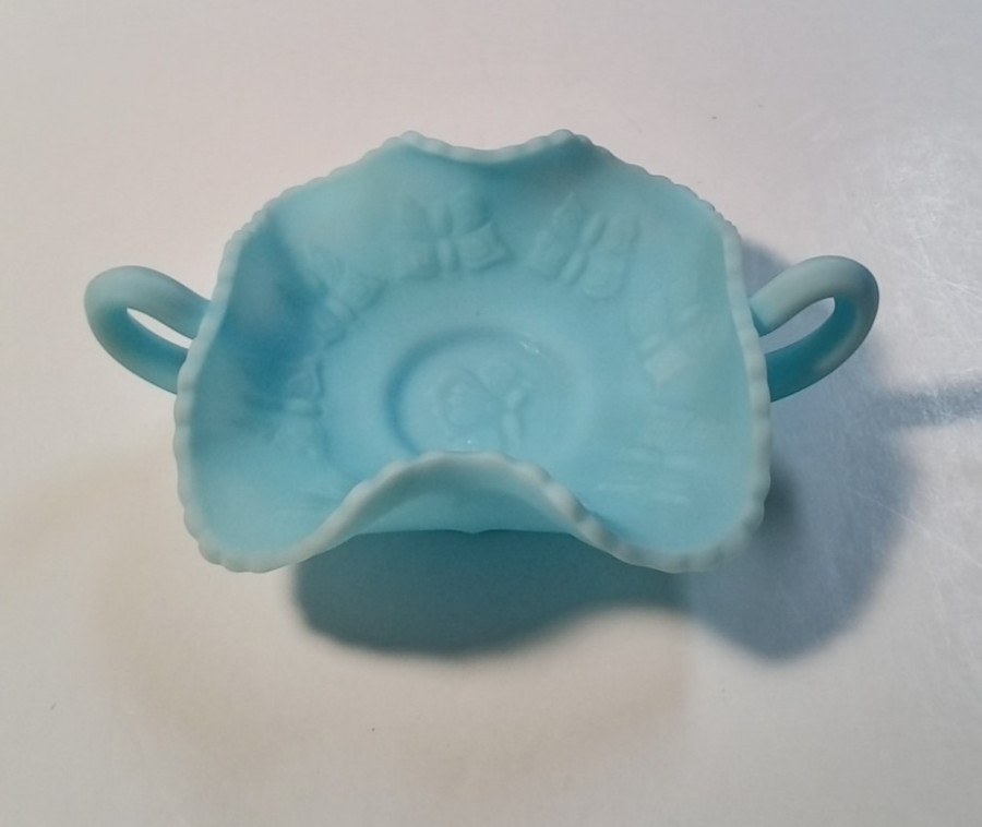 Fenton Blue Satin Glass Two Handled Butterfly Candy Dish Vintage Embossed
