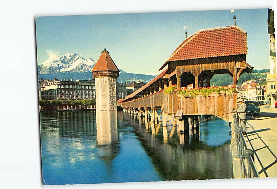 Postcard Chapel Bridge & Mount Pilatus Lucerne Switzerland