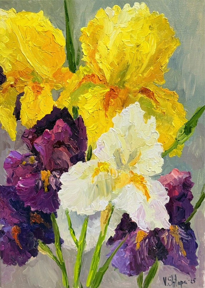 Original Oil Painting Irises Flowers Spring Impressionist Still Life Art Signed