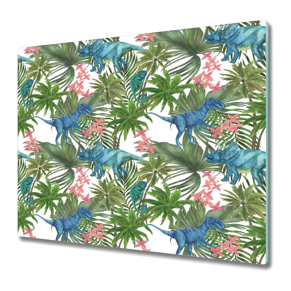 Tempered Glass Worktop Saver Tropical dinosaurs Watercolour Colourful 60x52
