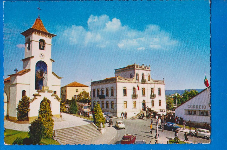 Sao Joao da Madeira, Church, Post office, classic cars, Portugal, 1960s postcard
