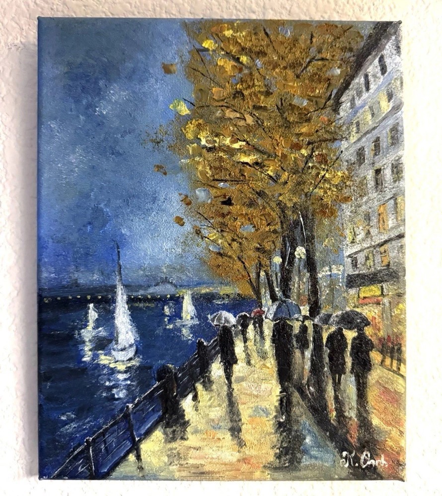 ORIGINAL OIL PAINTING ABSTRACT RAINY DAY CITYSCAPE LANDSCAPE SIGNED 8x10