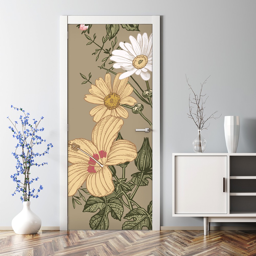 Rural field bubble-free self-adhesive door decal in beige and colorful design