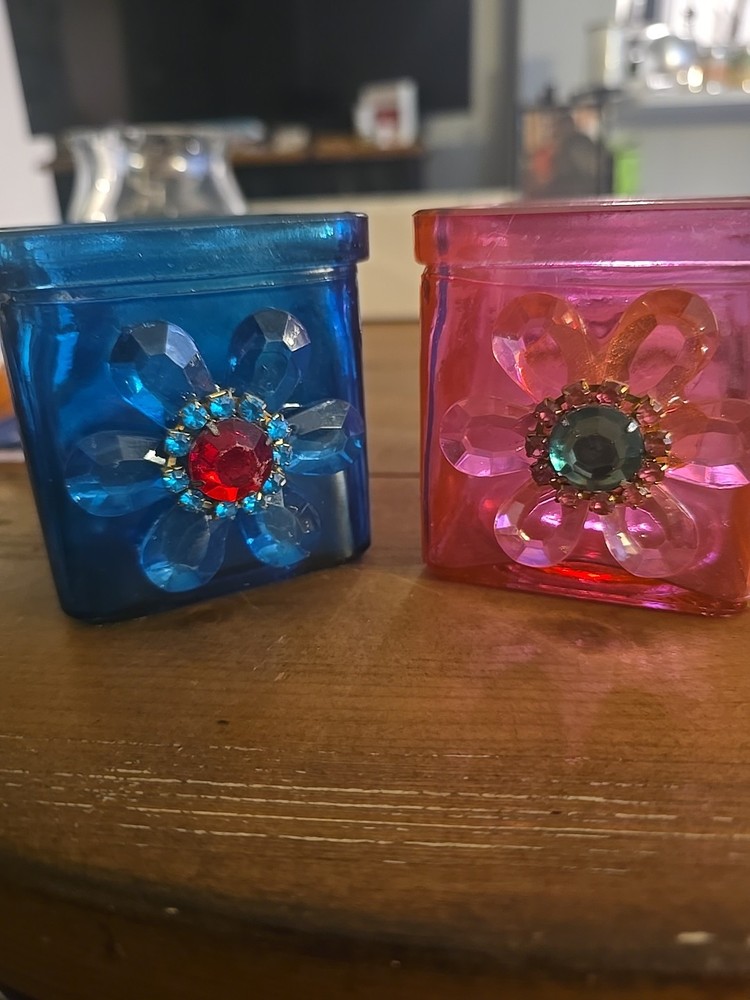 Pink and Blue Glass Candle Holder with Floral Accents