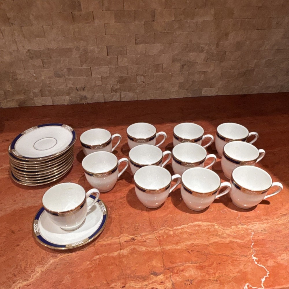 Lenox Royal Treasure Porcelain espresso Cup & Saucer Set Gold Blue White 12 set