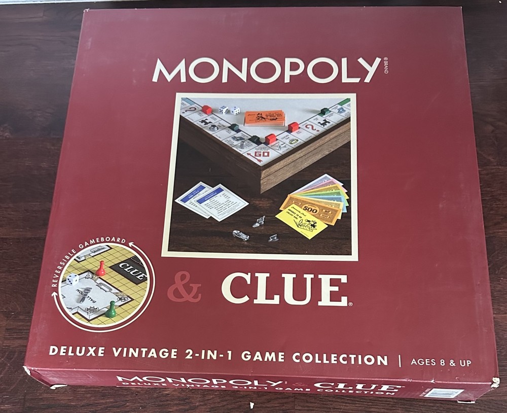 Monopoly & Clue Board Games Deluxe Vintage Ed. 2-in-1 Game Collection Wood Board