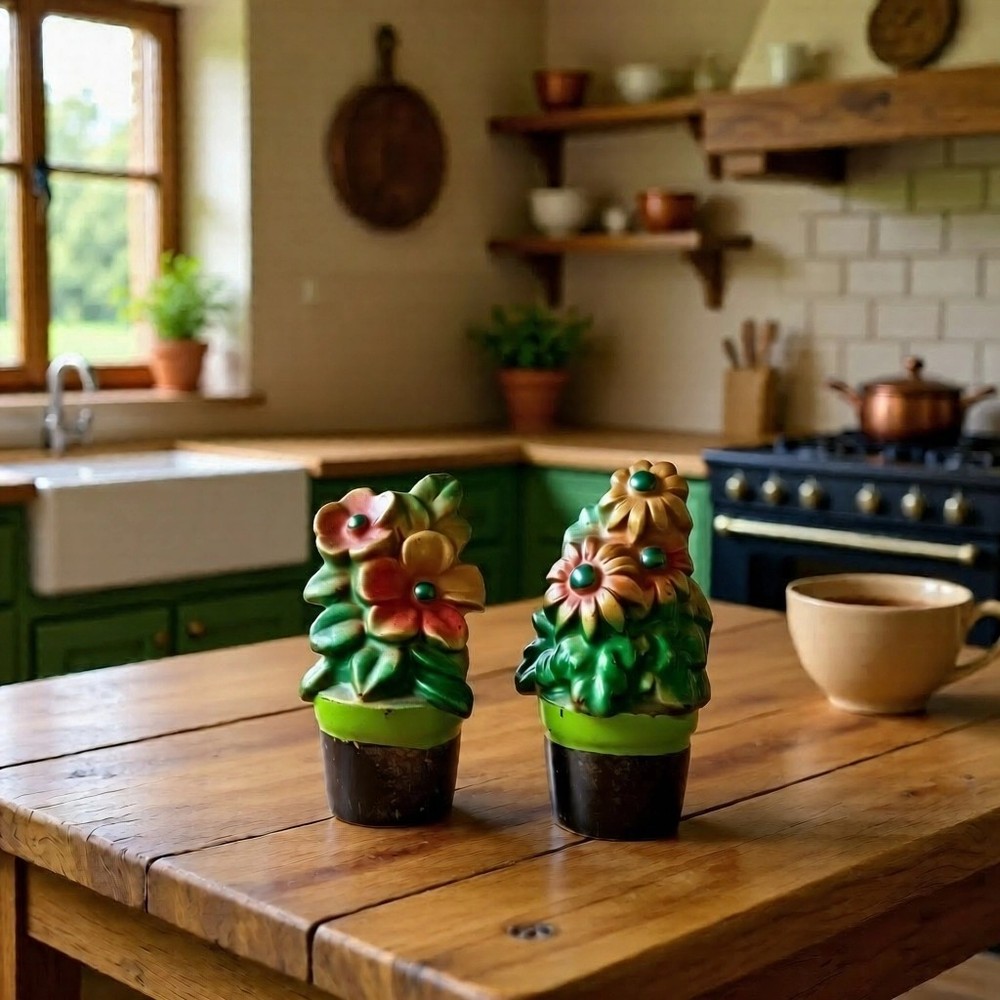 Made In Japan 1950s Floral Salt & Pepper Shakers 3D Ceramic Flower (s) Pot