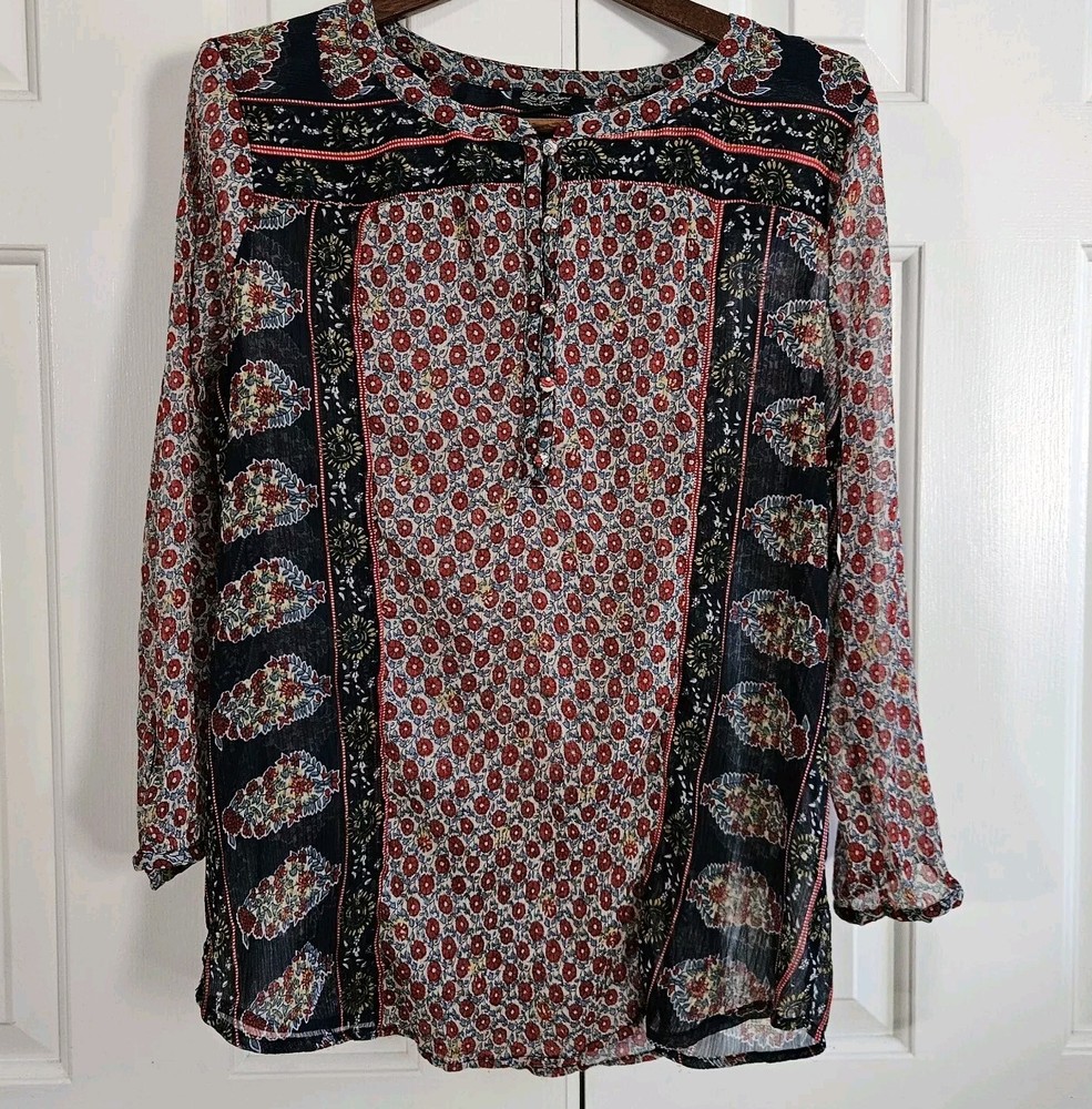 Lucky Brand Womens Top XL Boho Sheer Cottagecore Festival Floral Peasant Hippie