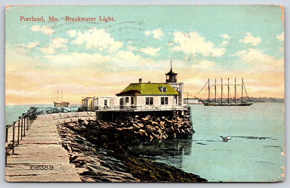 Postcard Breakwater Light, Portland Harbor, Portland, Maine Posted 1915