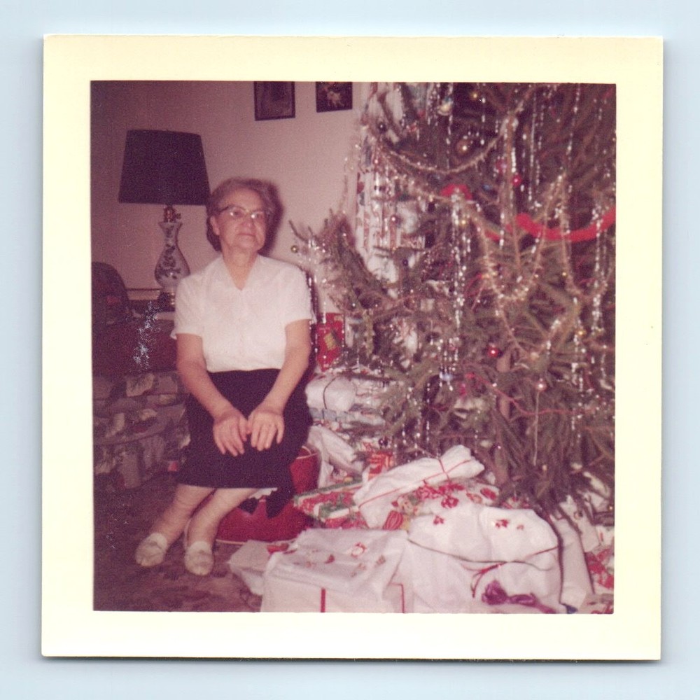 Old Vintage Square Color Photo SOLO WOMAN GLASSES BY CHRISTMAS TREE SNAPSHOT
