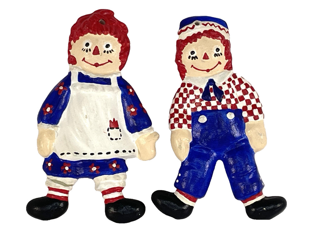 Vtg RAGGEDY ANN & ANDY Hand Painted CERAMIC ORNAMENT 4” Christmas Tree Decor