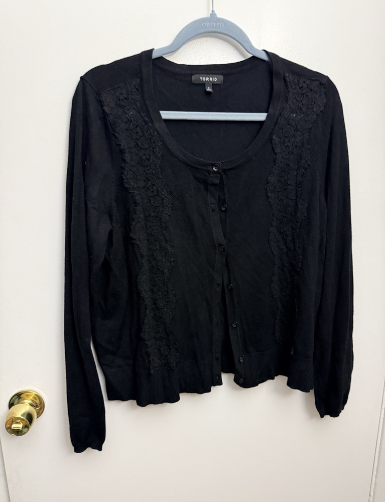Torrid Black Lightweight Knit Button Front Lace Trim Cardigan Sweater 2 Plus
