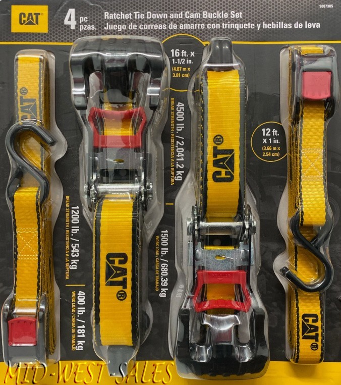 Cat 4 Piece Ratchet Tie Down & Cam Buckle Set 16' X1 1/2