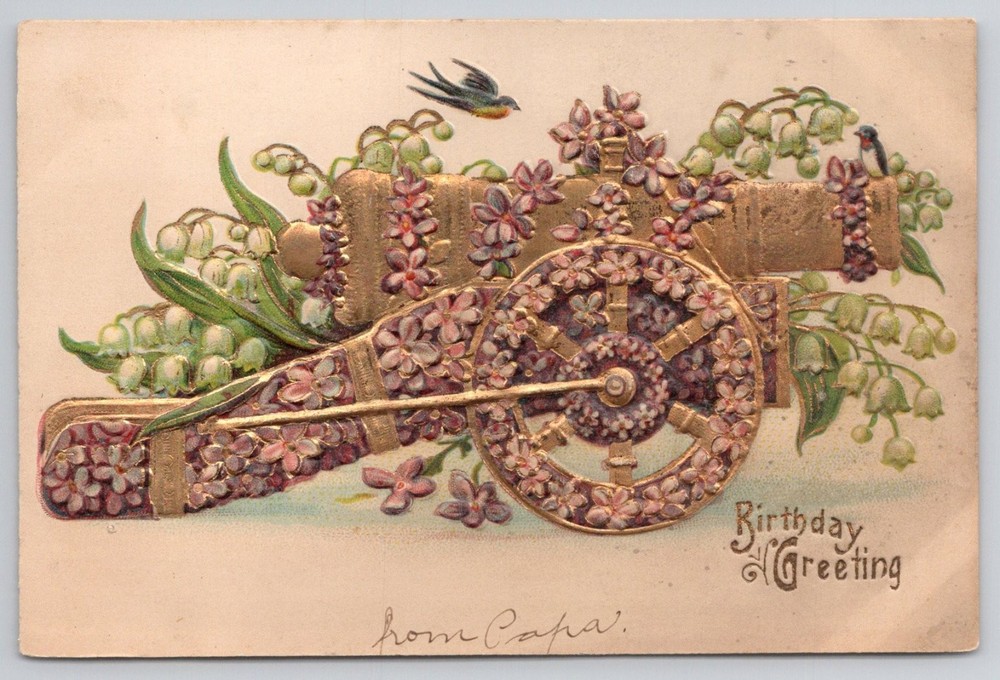 Vintage Embossed Gilded Cannon Lily of Valley Birthday Greeting Postcard Germany