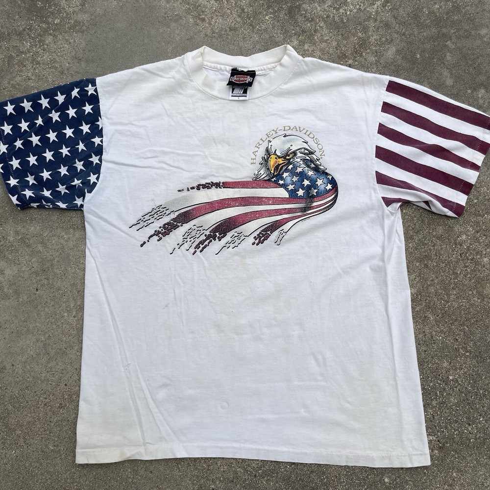 Vintage 90s 1997 Harley Davidson T Shirt American Flag Size Large Double Sided