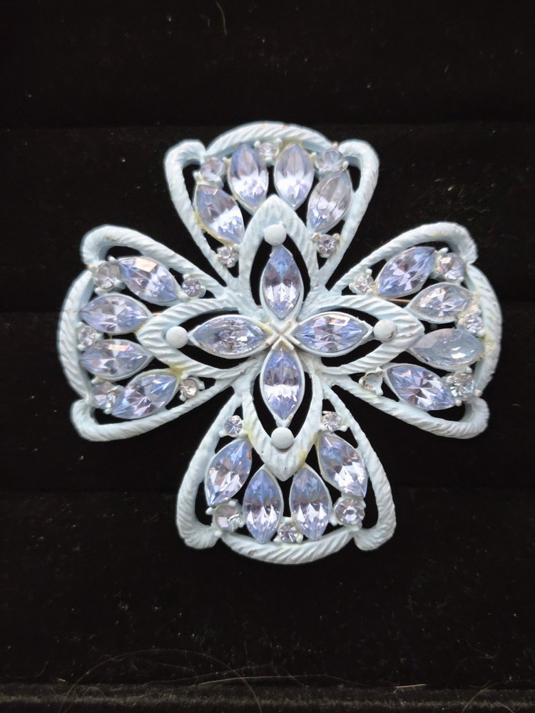 Vintage Rhinestone MALTESE CROSS Brooch Pin Baby Blue SPECTACULAR