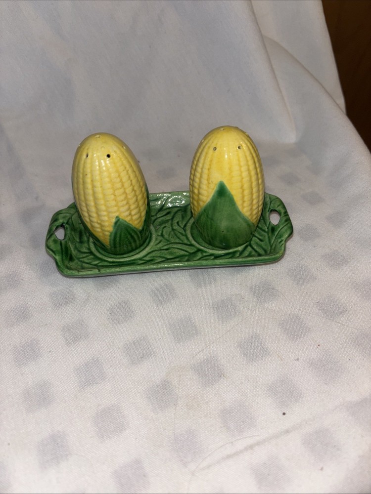 Vintage Japan Corn Salt & Pepper Shakers Ceramic 2” Tall Green Yellow 5” Tray