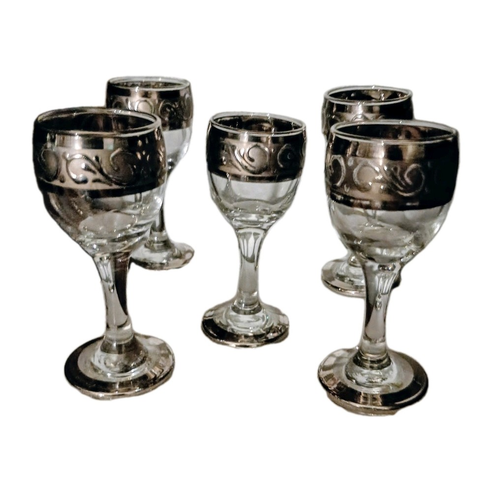 Vintage Small Cordial Glasses Set Of 5  Platinum Etched  BandRim