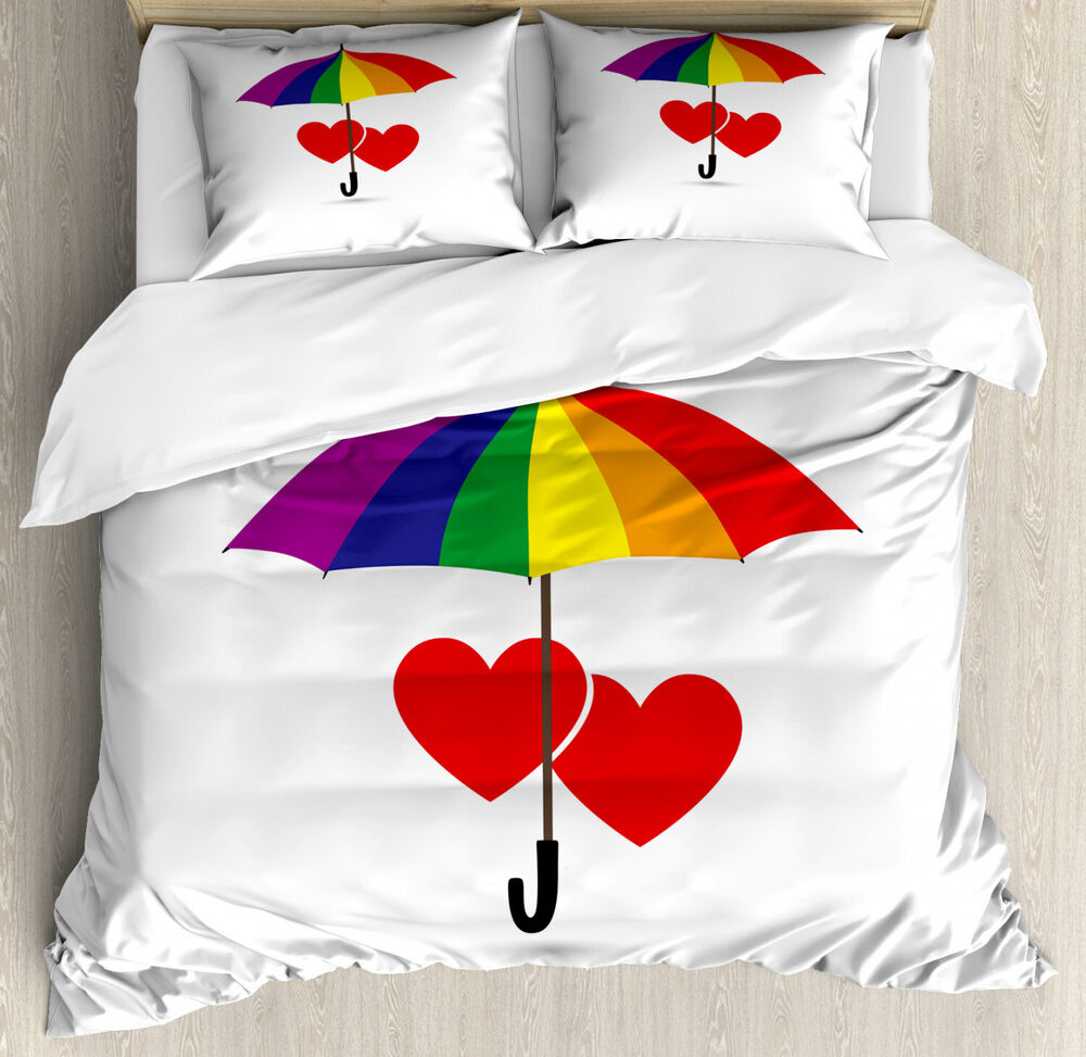 Rainbow Love Print Duvet Cover Set with Heart Umbrella Pillow Shams
