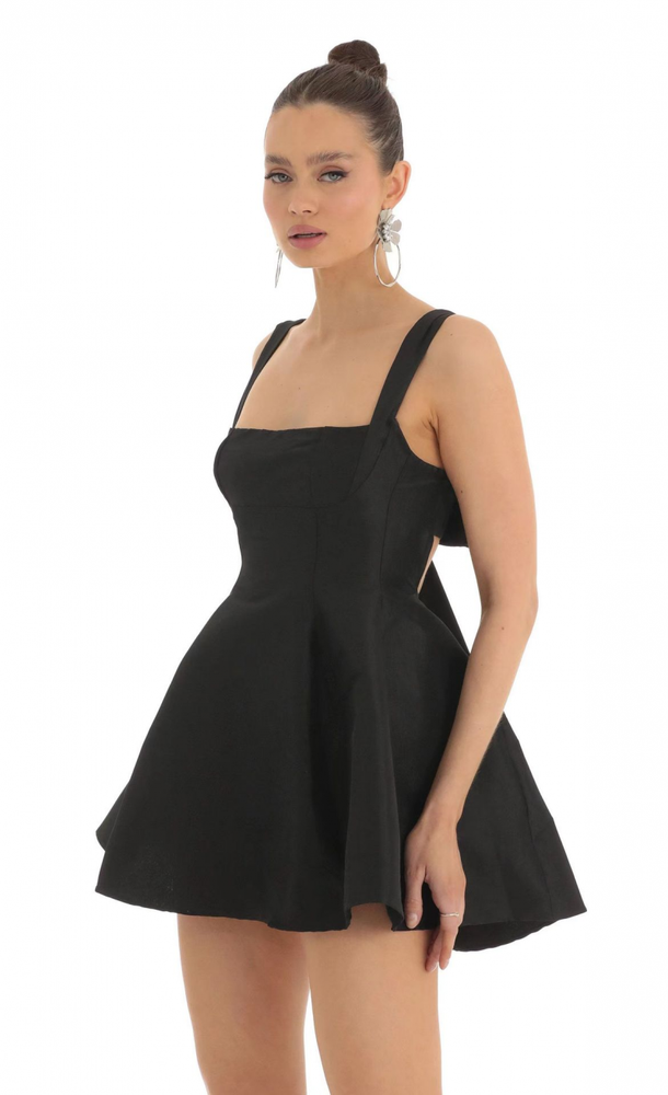 Women's Dress Summer New Solid Color Woven Drawstring Waist Bow Suspender Dress