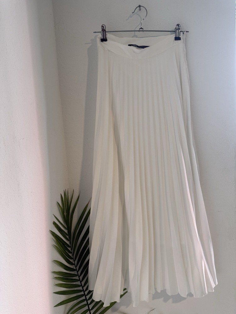 ZARA White Pleated Chiffon Long High Rise Skirt Women's Size L