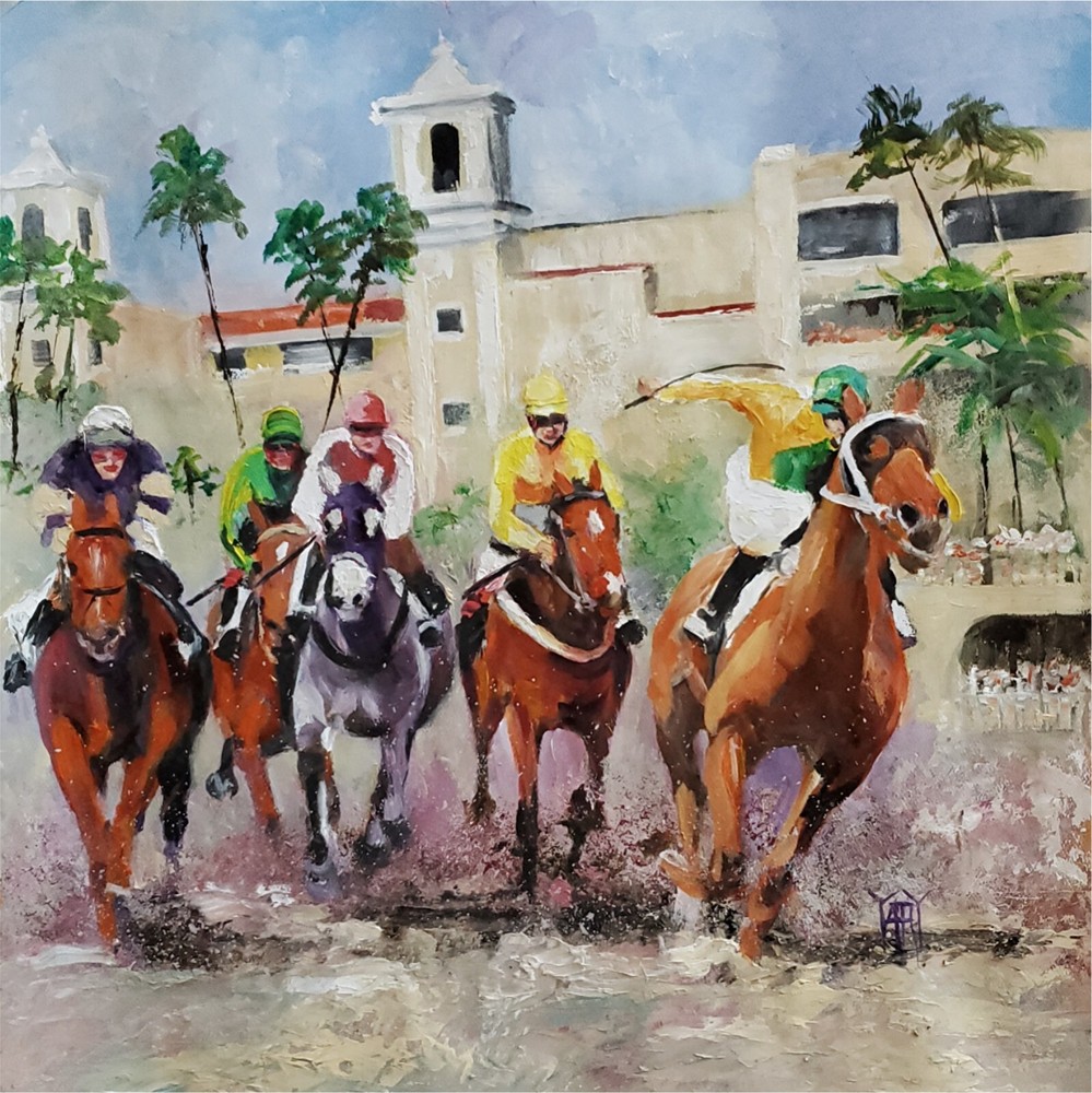 YARY DLUHOS Horse Racing Del Mar Equestrian Thoroughbred Original Oil Painting
