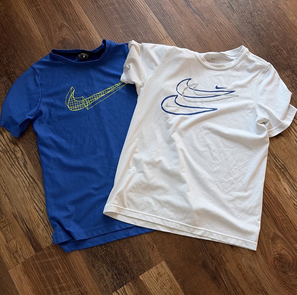 Lot of 2 Nike Boys Youth Medium T-Shirts Blue Grid & White Triple Swoosh Graphic