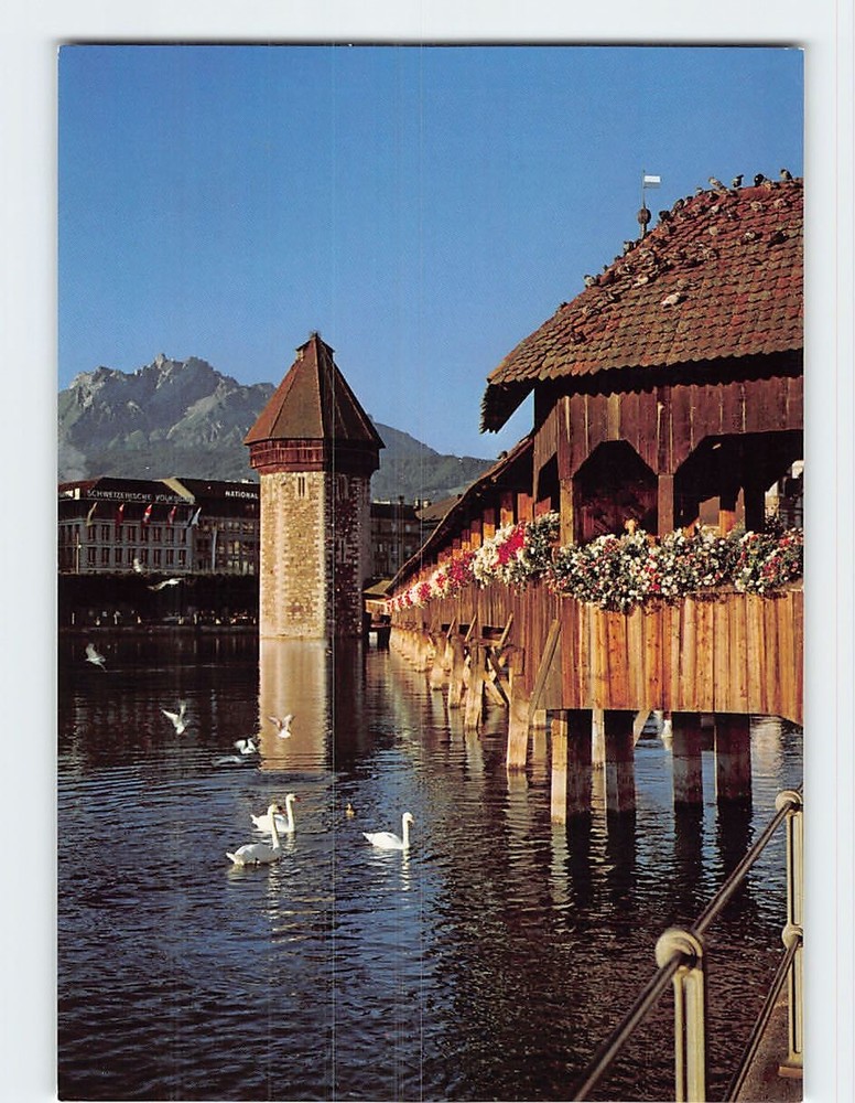 Postcard Chapel Bridge Water Tower and Mount Pilatus Lucerne Switzerland