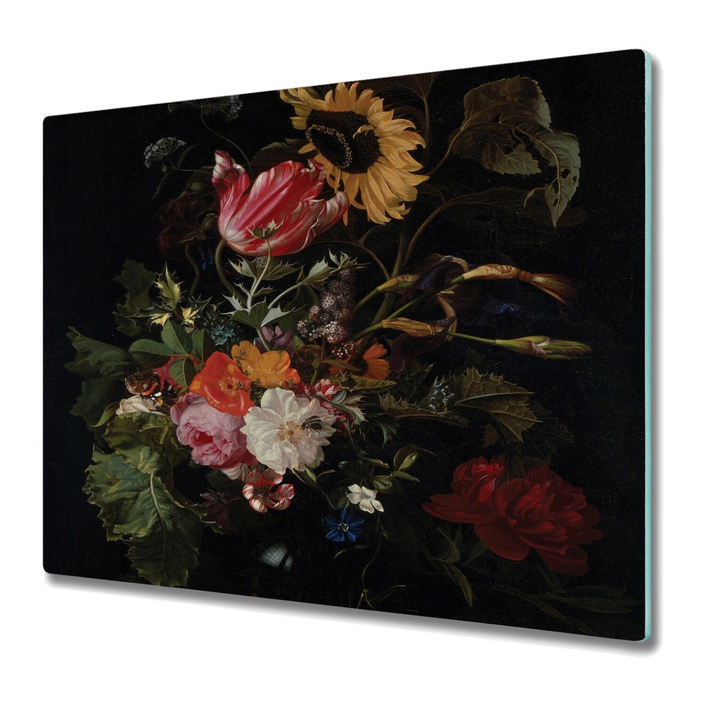 Glass Worktop Saver Kitchen Baroque bouquet dark Dutch flowers 60x52