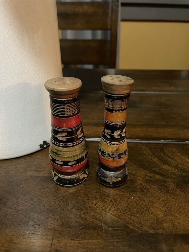 Mexico Wood Carved Hand Painted Salt And Pepper Shakers Vintage