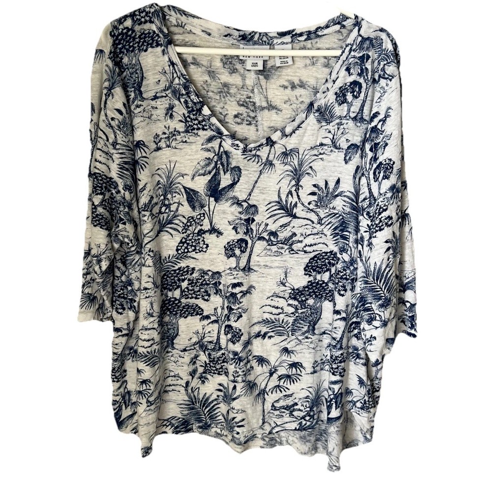 Nicole Miller Womens 100% Linen Shirt Sz 2X Blue White Floral Classic Summer