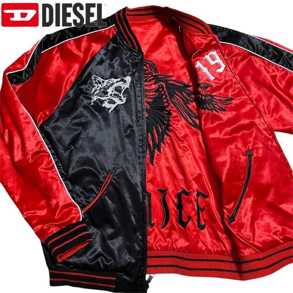 DIESEL Sukajan Reversible Nylon Jacket G DRAGON L Black Embroidered Wolf Birds