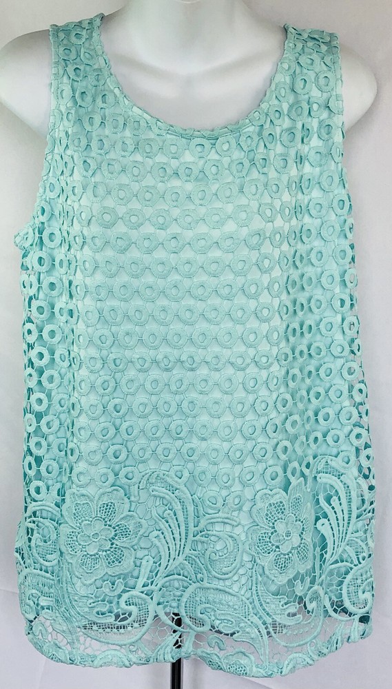 CharterClub Sleeveless Crochet Lace Tank Top L Green Floral Scoop Neck Fairy Y2K