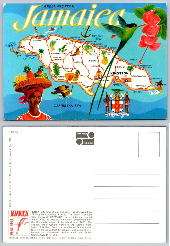 Greetings From Jamaica Map Postcard John Hinde Hummingbird Kingston Vintage