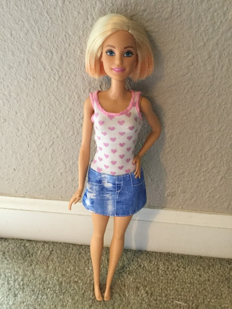 Mattel Barbie Doll Dress Valentine's Day White with Pink Hearts Denim Skirt Summ