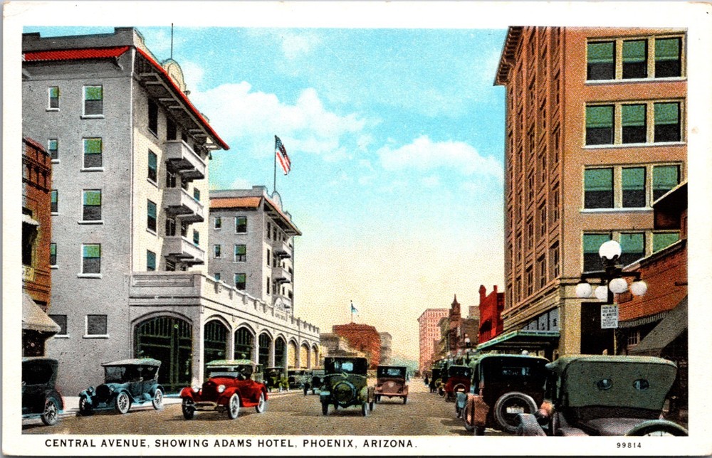 Adams Hotel Phoenix Arizona Postcard Central Avenue Early Cars Vintage
