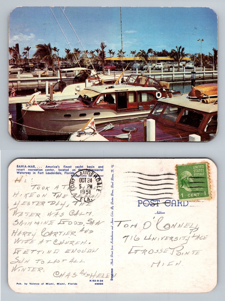 Fort Lauderdale, FL-Florida, Bahia Mar Yacht Basin Boats Vintage c1951 Postcard