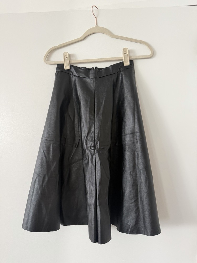 Black Leather A-Line Midi Skirt Zip Closure Solid Women's Regular