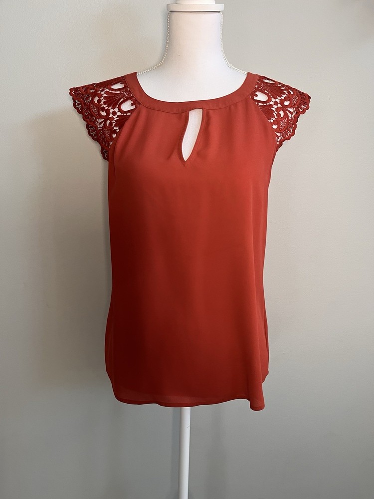 Women's Express Orange/Red Keyhole Lace Sleeve Blouse Size Small