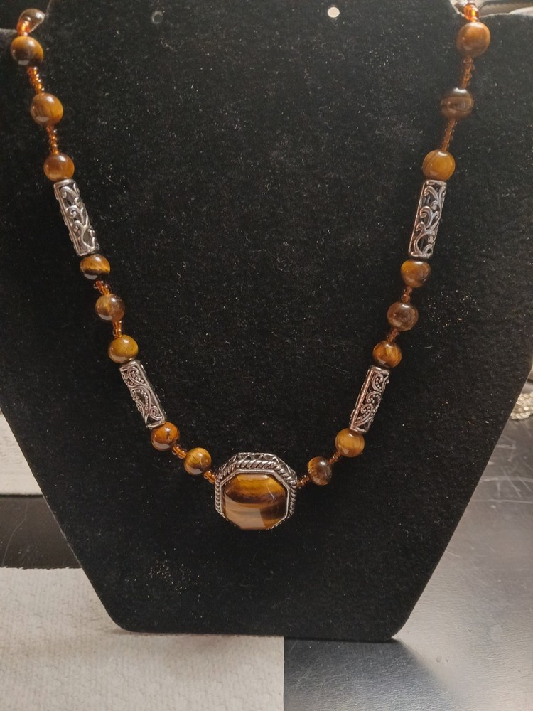 Vintage Tiger's Eye Necklace With Octagonal Pendant And Silvertone Accents
