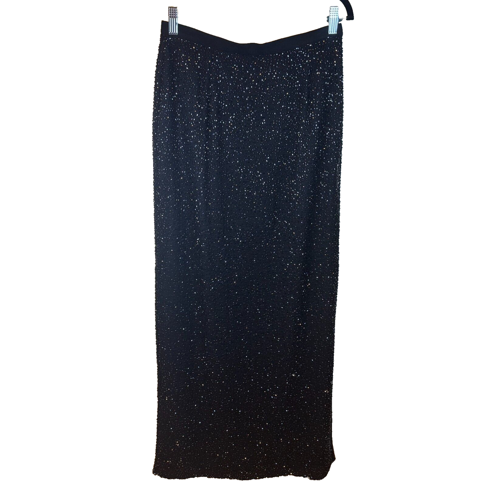 Vintage Cache Y2K 100% Silk Black Beaded Sparkly Maxi Skirt Slit Sz 10 Deadstock