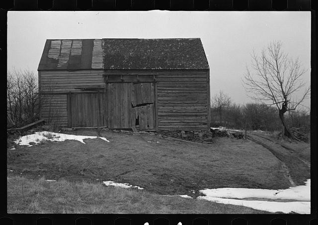1930s Rural Barn Abandoned Weathered Wooden Farm Building Winter Landscape